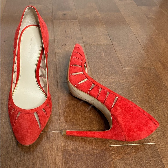 ZARA Red cut-out suede Shoes Pumps heels 37 6.5 - Picture 5 of 11